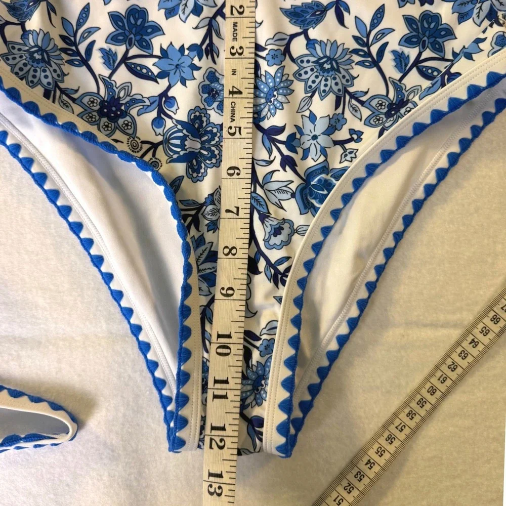 Blue White Floral Chintz Ric Rac High Waisted Bikini‎ Swimsuit Size Smal New